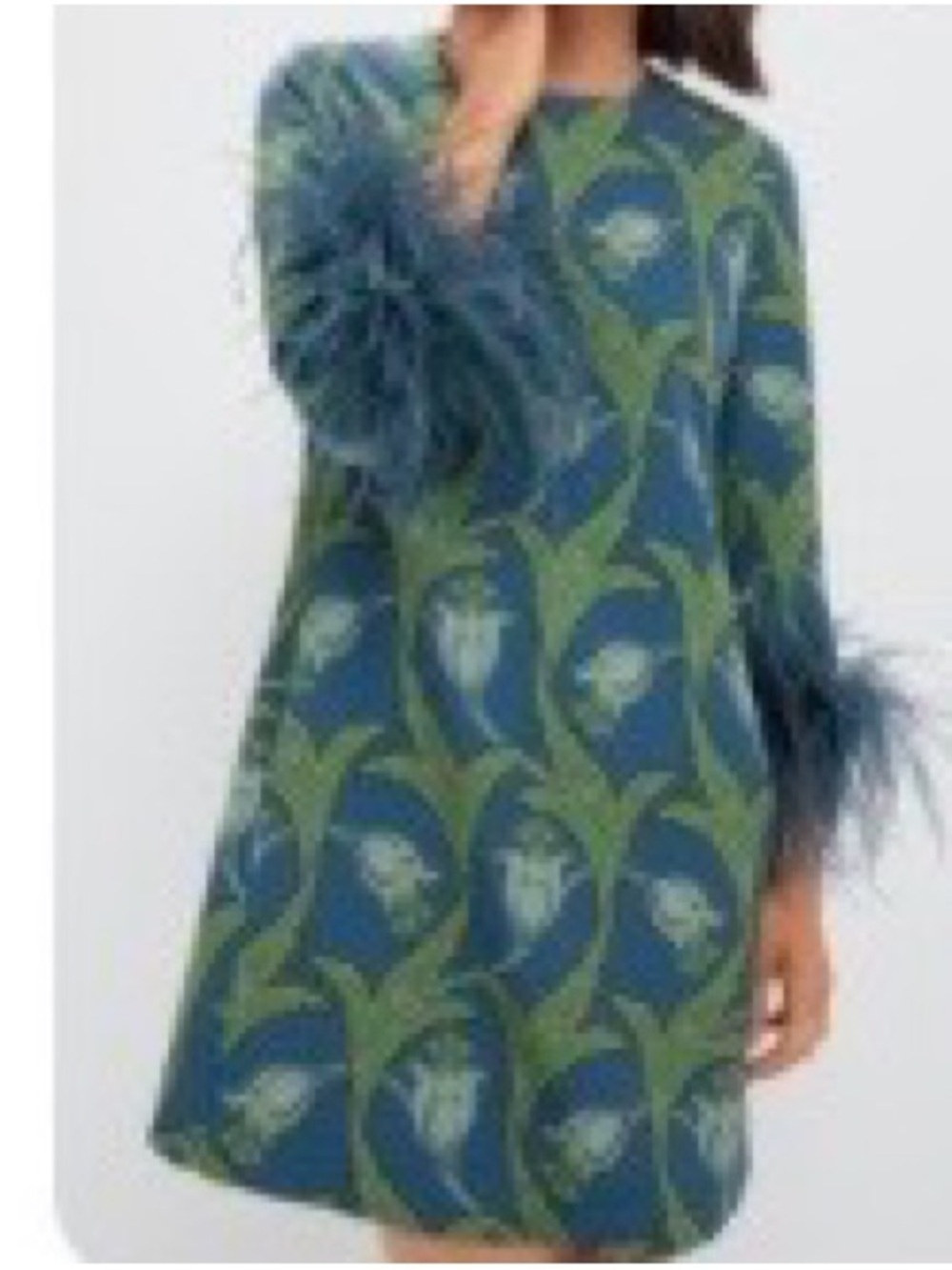 Tuckernuck Blue and Green Floral A-Line Dress with Feather Cuffs